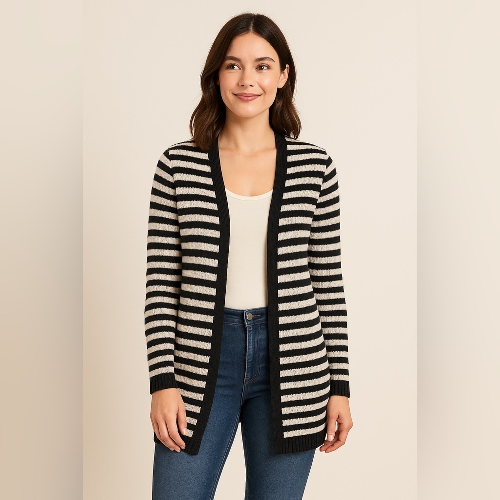 Dynamite Women’s Black & White Striped Open Front Knit Cardigan - XS